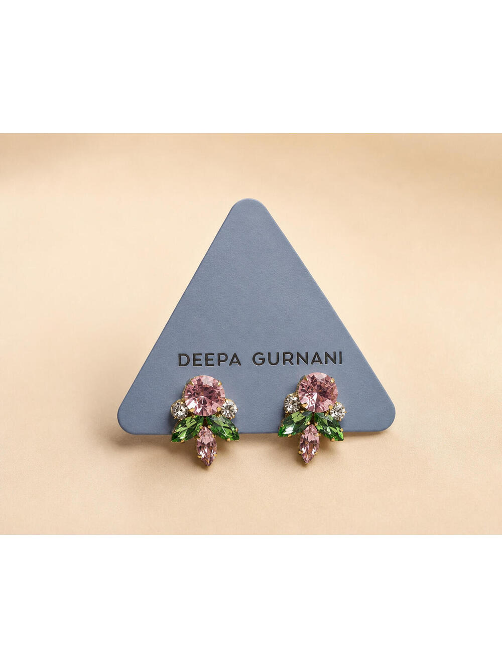 Deepa Gurnani Pink Green Crystal Cluster Earrings Gold Tone Floral Studs